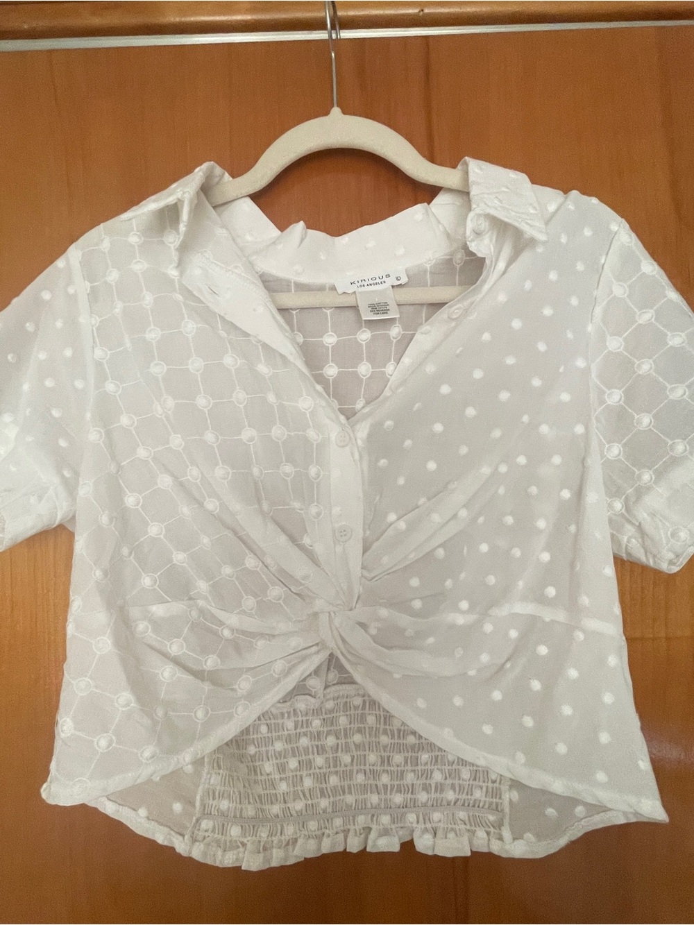 White Knot-Front Eyelet Button-Down Blouse - Women Tops